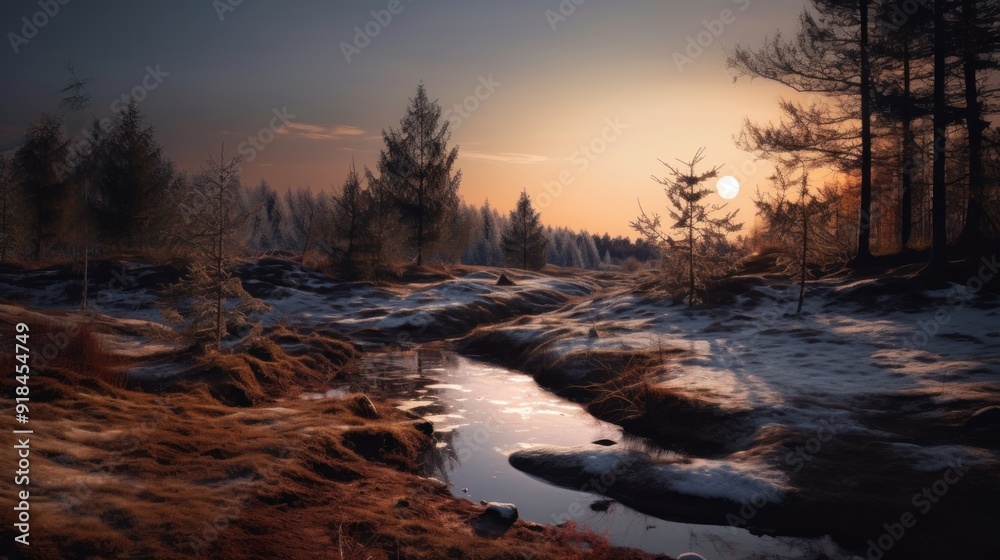 Fototapeta premium Sunset over a frozen stream in a snowy forest