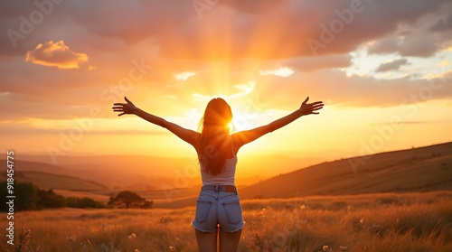 Happy woman standing with her back on sunset in nature iwith open hands.	