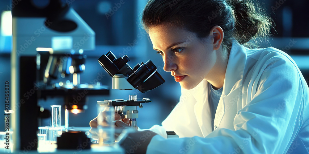 Female Scientist in Lab Coat, Concentrating on Microscope Research Female Scientist in Lab Coat, Concentrating on Microscope Research