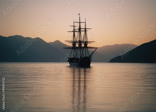 A Majestic Sailing Ship Gliding Gracefully at Sunset Over Tranquil, Reflective Waters