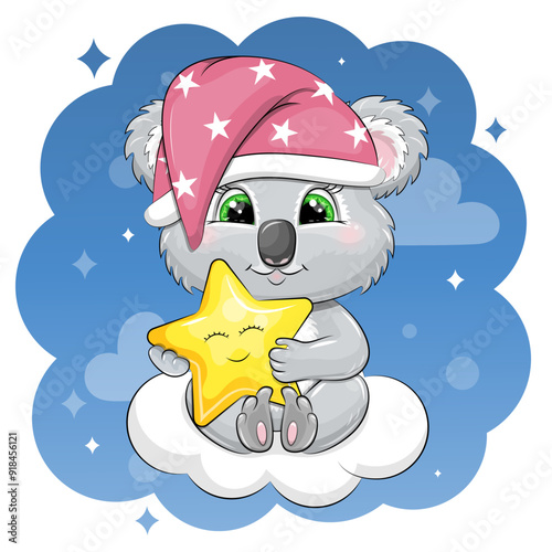 Cute cartoon koala in a nightcap holds a star and sits on a cloud. Night vector illustration on a blue background.