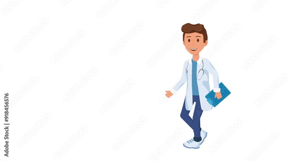 Man doctor character walk. Side view 2d Animation. White Background. 4K Matte. Loop. Man doctor character walk. Side view 2d Animation. White Background. 4K Matte. Loop.