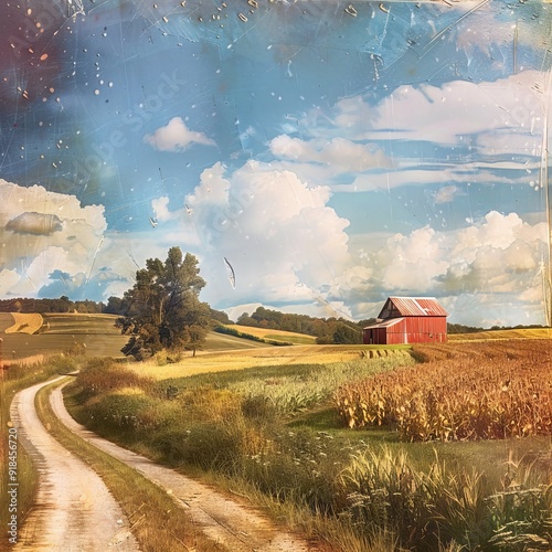 art countryside landscape; rural farm and farmland field  photo