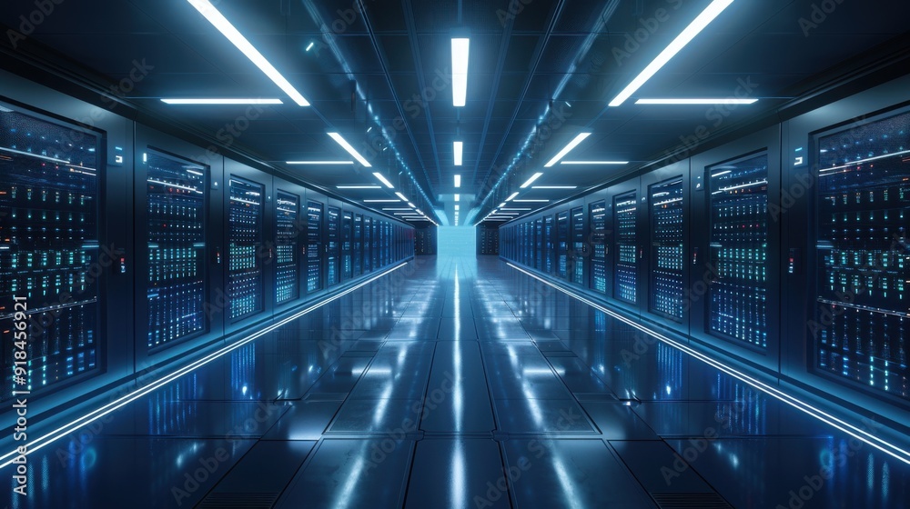 A 3D render of a modern data center, showcasing rows of sleek server racks illuminated by cool blue and white LED lights. The design emphasizes the clean, organized layout of the technology, with A 3D render of a modern data center, showcasing rows of sleek server racks illuminated by cool blue and white LED lights. The design emphasizes the clean, organized layout of the technology, with