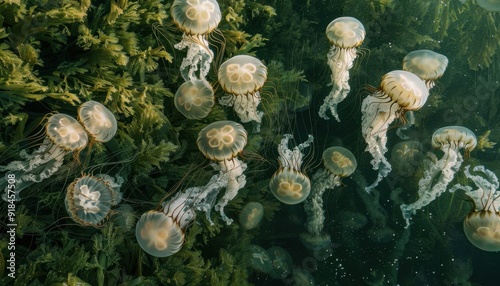 Jellyfish swim gracefully among underwater plants in serene coastal water at midday