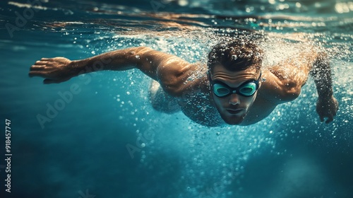 Dynamic image of young man, swimmer in motion, swimming freestyle stroke in pool, training. Concept of professional sport, health, endurance, 