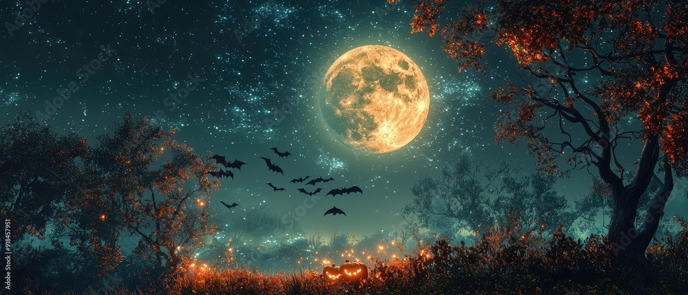 Spooky 3D Halloween Night Sky with Full Moon, Bats, and Flying Witches for Holiday Decorations and Backgrounds Spooky 3D Halloween Night Sky with Full Moon, Bats, and Flying Witches for Holiday Decorations and Backgrounds
