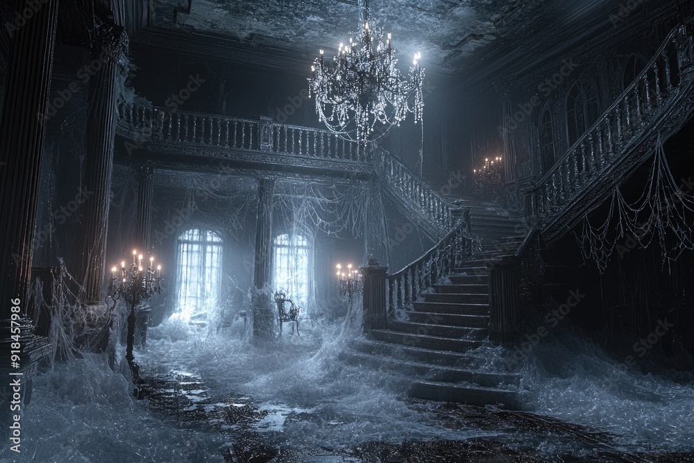 Haunted 3D Manor: Eerie Atmosphere with Cobwebs, Chandeliers, and Flickering Candles
