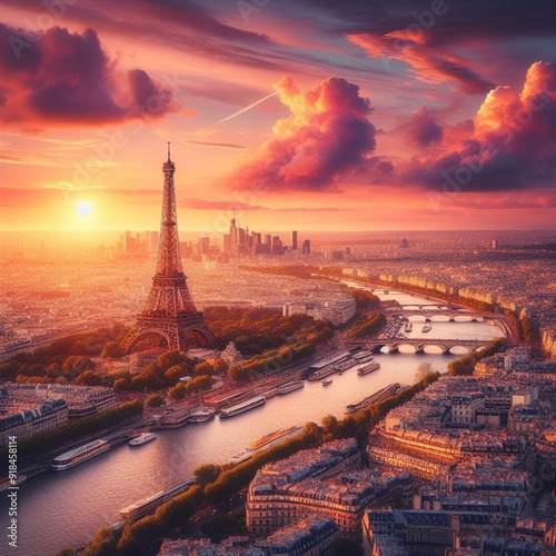 a breathtaking view of Paris at sunset, with the iconic Eiffel Tower standing tall amidst the city’s sprawling landscape