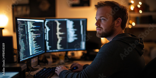 Caucasian Man in Tech: Focused on Coding at His Computer Station