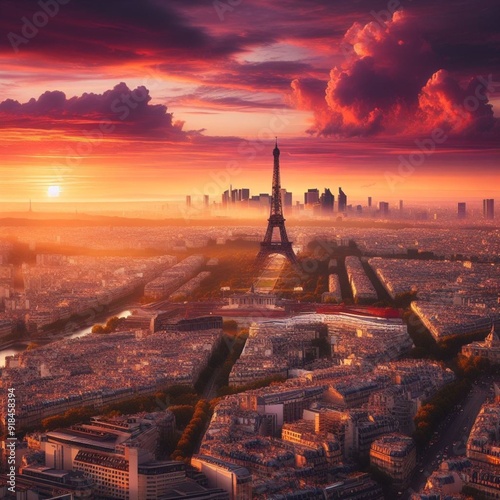 a breathtaking view of Paris at sunset, with the iconic Eiffel Tower standing tall amidst the city’s sprawling landscape