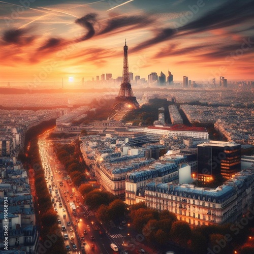 a breathtaking view of Paris at sunset, with the iconic Eiffel Tower standing tall amidst the city’s sprawling landscape