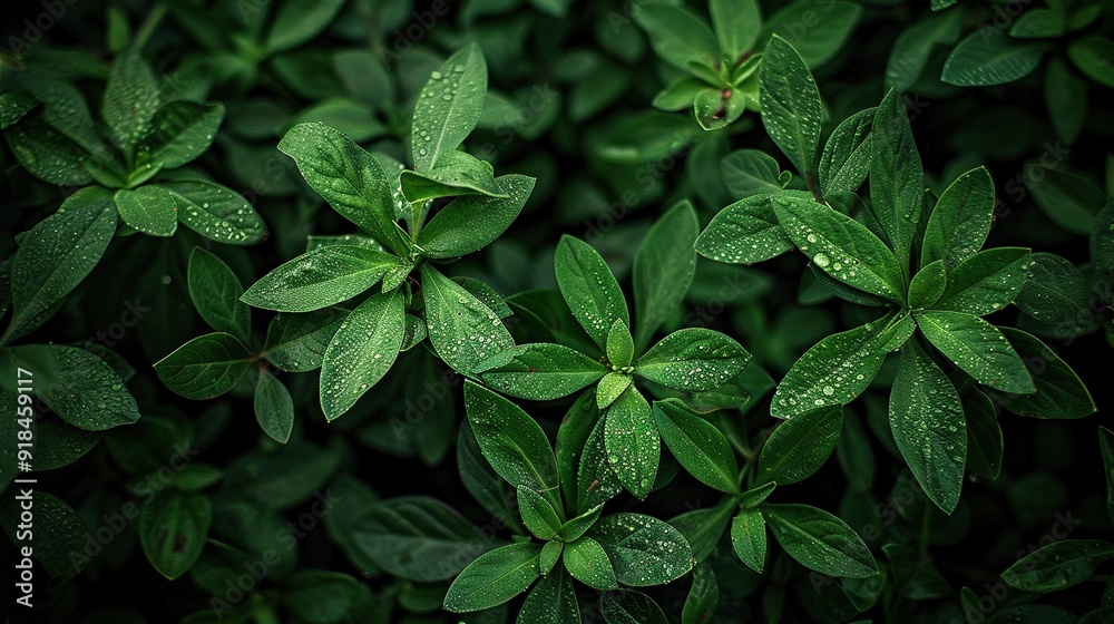 A green cluster of leaves with droplets of water in the center against a dark green backdrop A green cluster of leaves with droplets of water in the center against a dark green backdrop