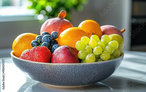Fototapeta Naklejka Na Ścianę i Meble -  Fresh Organic Fruits in a Sunlit Fruit Bowl on Kitchen Table