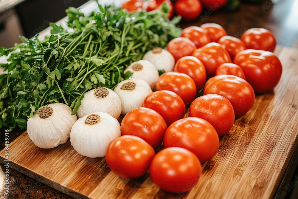 Vibrant Selection of Fresh Organic Produce on Clean Cutting Board Vibrant Selection of Fresh Organic Produce on Clean Cutting Board