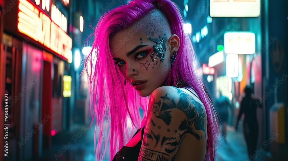 Obraz premium Vibrant Cyberpunk Warrior Poster: A Fierce Fighter with Pink Hair and Intricate Tattoos in a Neon Urban Landscape - Perfect for Sports Interiors and Futuristic Spaces!