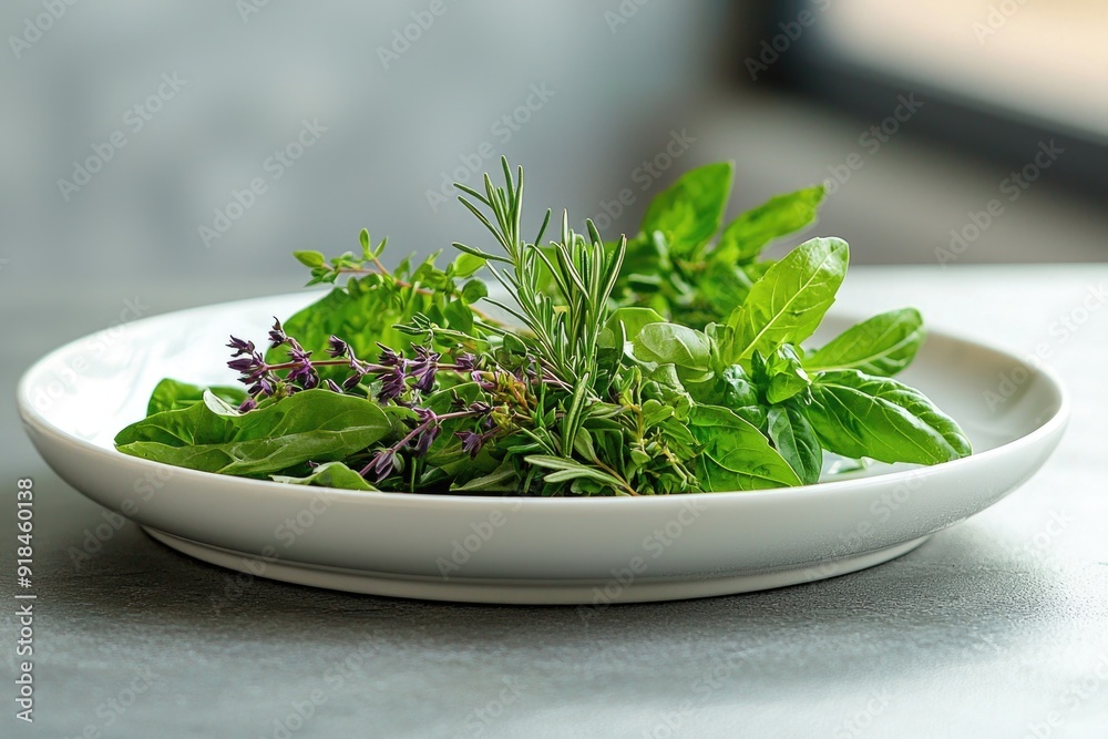 Fresh Organic Herbs and Greens Displayed on a Clean White Plate