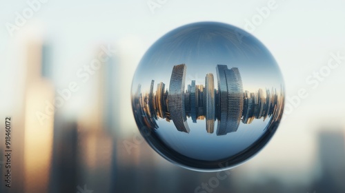 A closeup of a mercurymade sphere its surface fluid and everchanging reflecting a futuristic cityscape background in soft focus to emphasize the reflective details