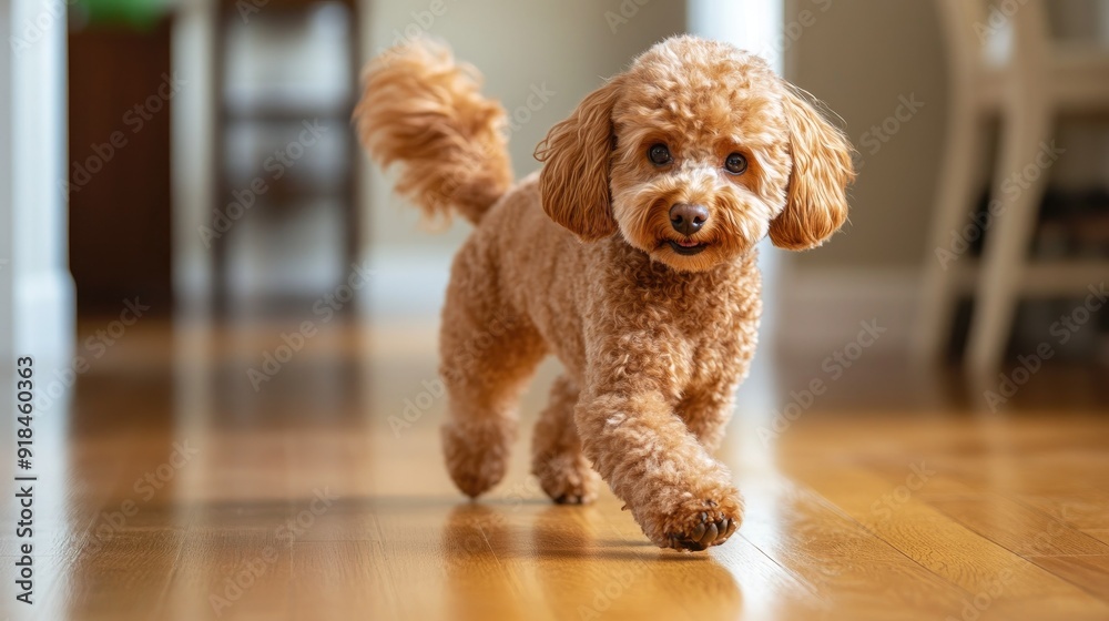 A joyful brown poodle walking across a gleaming hardwood floor, its tail wagging with happiness.