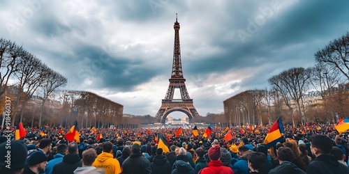 Crowd of supporters at a sports event at the Eiffel tower, Excited sports spectators holding French flags photo