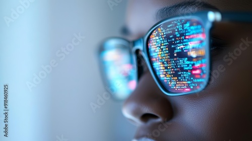 African American IT professional focused on digital data, glowing code in glasses reflection, Generative AI, cyber security and AI technology exploration photo