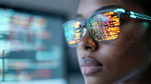 African American IT professional focused on digital data, glowing code in glasses reflection, Generative AI, cyber security and AI technology exploration photo