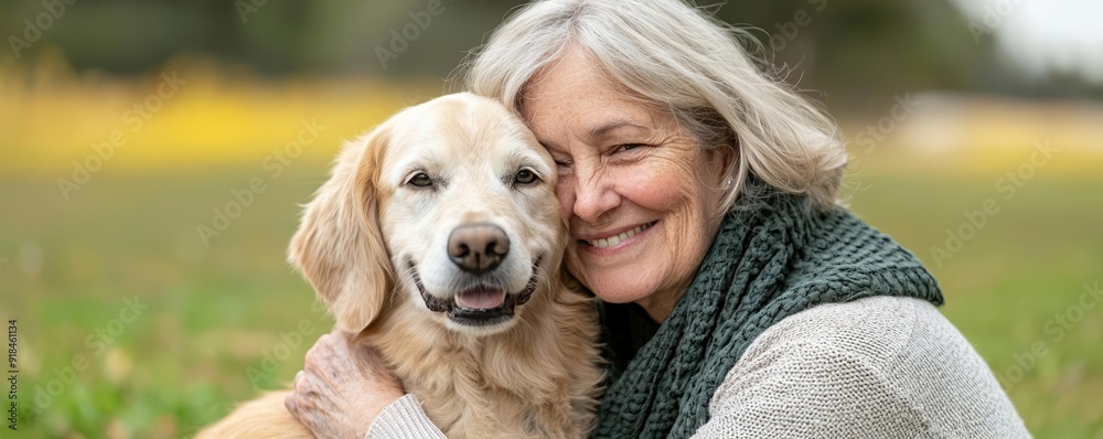 Elderly woman cuddling her dog, Generative AI, warm bond in a serene park, highlighting animal companionship and happiness Elderly woman cuddling her dog, Generative AI, warm bond in a serene park, highlighting animal companionship and happiness