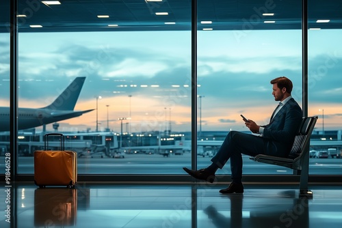 Wallpaper Mural Airport Terminal: Businessman using smartphone waiting for flight Torontodigital.ca