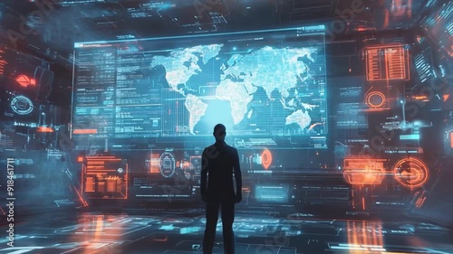 A futuristic digital interface showing a world surrounded by streaming data, with a silhouetted AI character looking at him from behind,inside a high-tech room,and holographic displays surrounding him