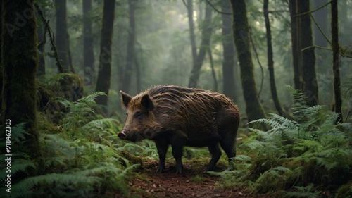 Wild Boar in a Misty Forest
