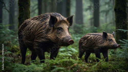 Serene Encounter: Wild Boar Family in a Misty Forest