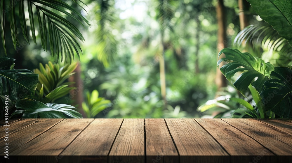 A wood tabletop podium floor set in a tropical garden, with blurred green leaves and plants creating a lush, natural background.