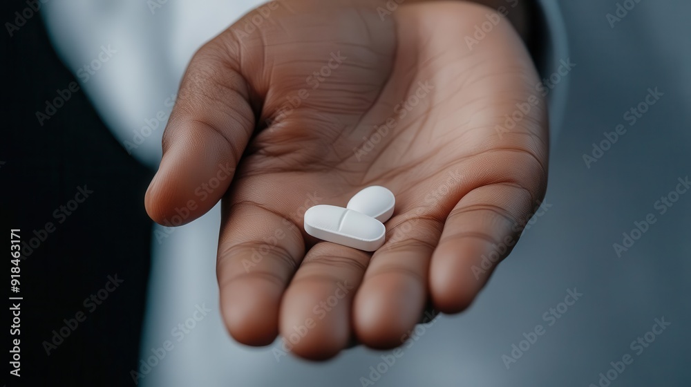 A hand holding two white pills, illustrating medication or health care options. A hand holding two white pills, illustrating medication or health care options.