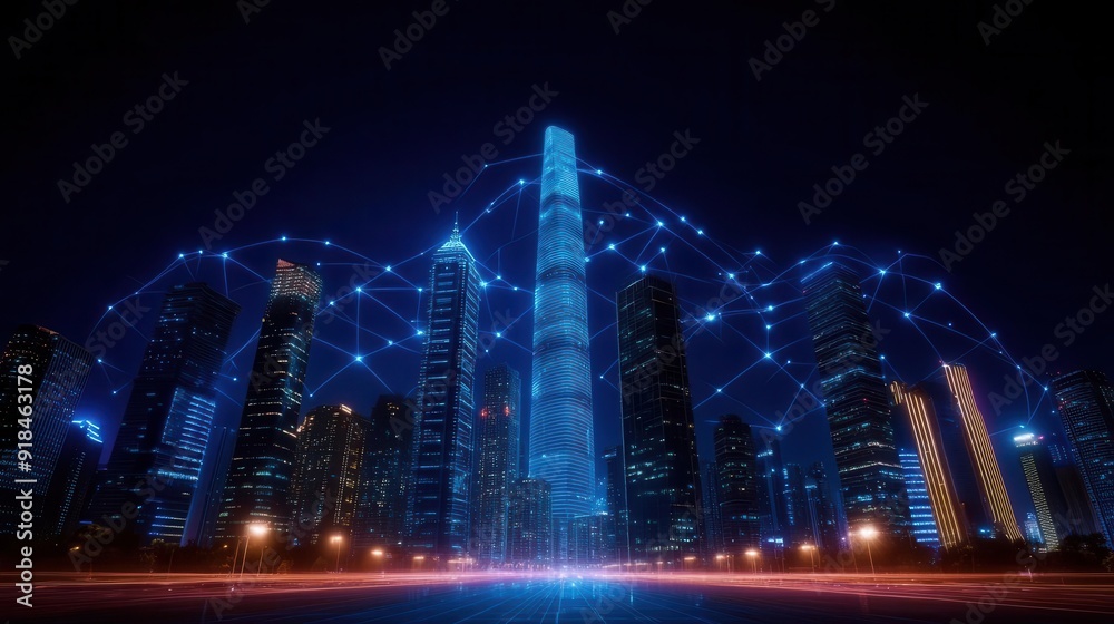 Obraz premium A futuristic cityscape illuminated by blue lights, showcasing skyscrapers connected through a digital network at night.
