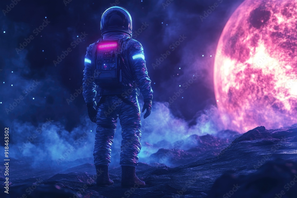 A man in a space suit stands on a rocky surface looking up at a large red planet A man in a space suit stands on a rocky surface looking up at a large red planet