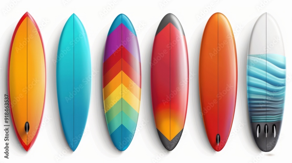 Summer surfboard elements vector set design. Summer surfboard 3d realistic element colorful collection for water sport activity isolated in white background. Vector illustration summer beach Summer surfboard elements vector set design. Summer surfboard 3d realistic element colorful collection for water sport activity isolated in white background. Vector illustration summer beach