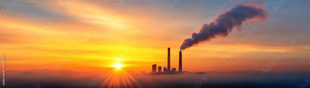 A stunning sunset over industrial smokestacks, showcasing smoke rising against a vibrant sky, symbolizing pollution and energy. A stunning sunset over industrial smokestacks, showcasing smoke rising against a vibrant sky, symbolizing pollution and energy.