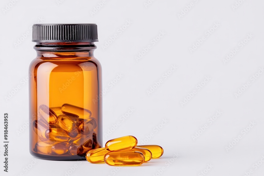 Amber bottle containing capsules, ideal for health and wellness themes, showcasing dietary supplements and natural remedies. Amber bottle containing capsules, ideal for health and wellness themes, showcasing dietary supplements and natural remedies.
