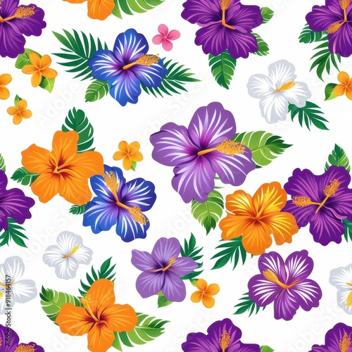 Traditional Hawaiian quilt pattern featuring vibrant hibiscus flowers and tropical leaves