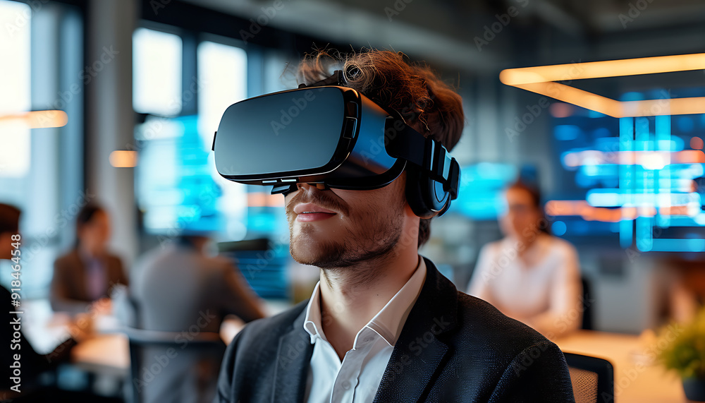 Man Wearing VR Headset Immersed in Virtual Reality Man Wearing VR Headset Immersed in Virtual Reality