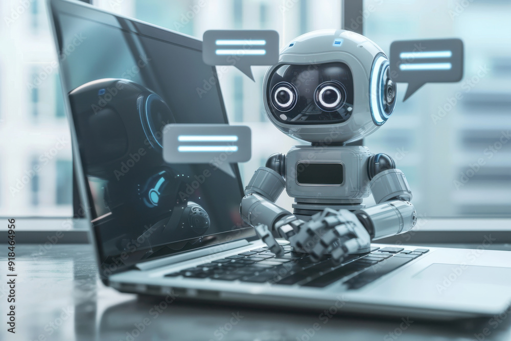 A cute robot communicates through a laptop, showcasing technology and innovation in modern digital interaction. A cute robot communicates through a laptop, showcasing technology and innovation in modern digital interaction.
