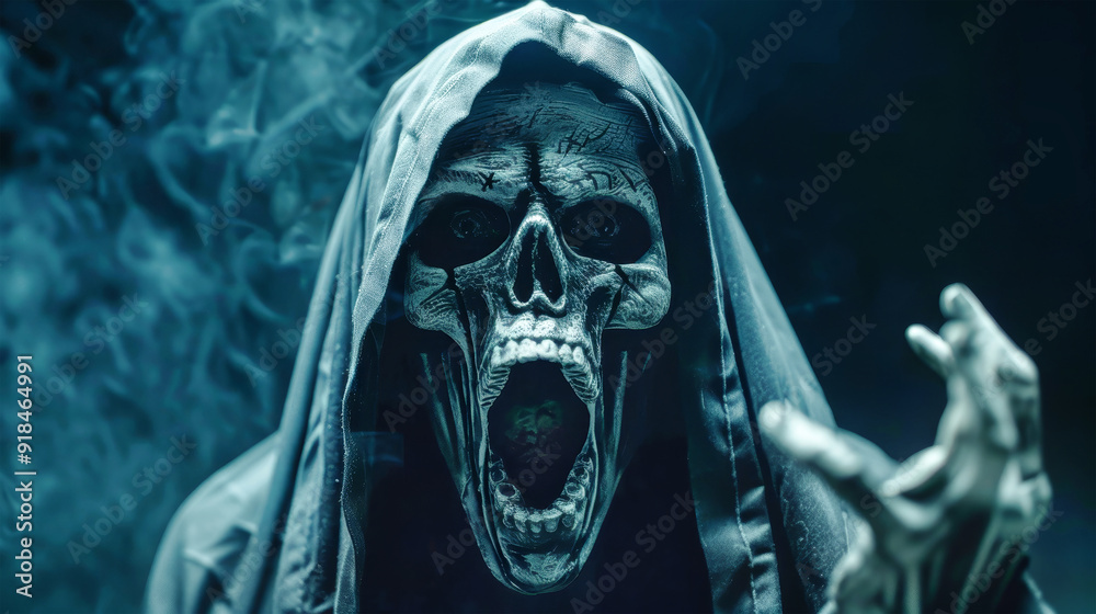 The grim reaper, with a skull face, screams in terror, creating a chilling atmosphere perfect for Halloween festivities The grim reaper, with a skull face, screams in terror, creating a chilling atmosphere perfect for Halloween festivities
