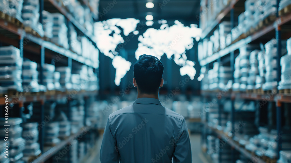 A person standing in a warehouse, visualizing global logistics and inventory management with a world map projection. A person standing in a warehouse, visualizing global logistics and inventory management with a world map projection.