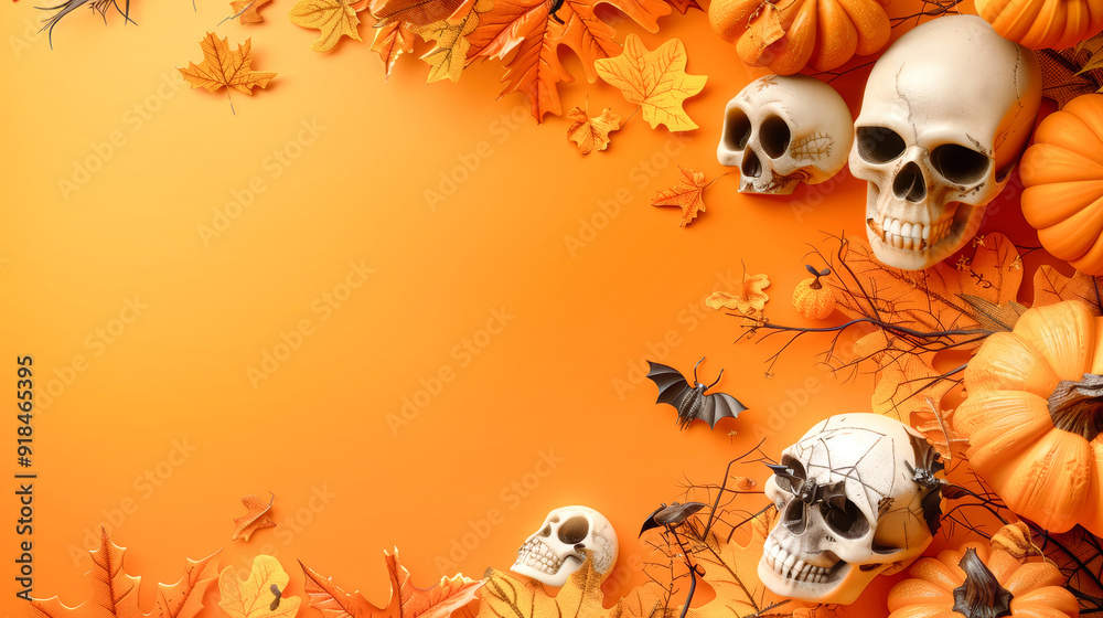 A rich, orange backdrop adorned with skulls, pumpkins, and scattered autumn leaves, perfect for Halloween-themed creative projects A rich, orange backdrop adorned with skulls, pumpkins, and scattered autumn leaves, perfect for Halloween-themed creative projects