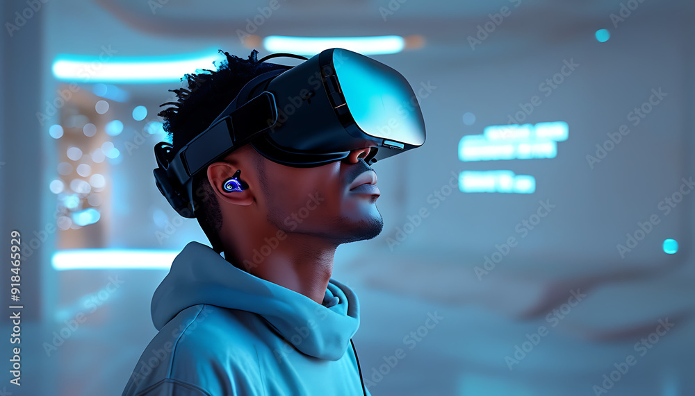 Man Wearing VR Headset Immersed in Virtual Reality