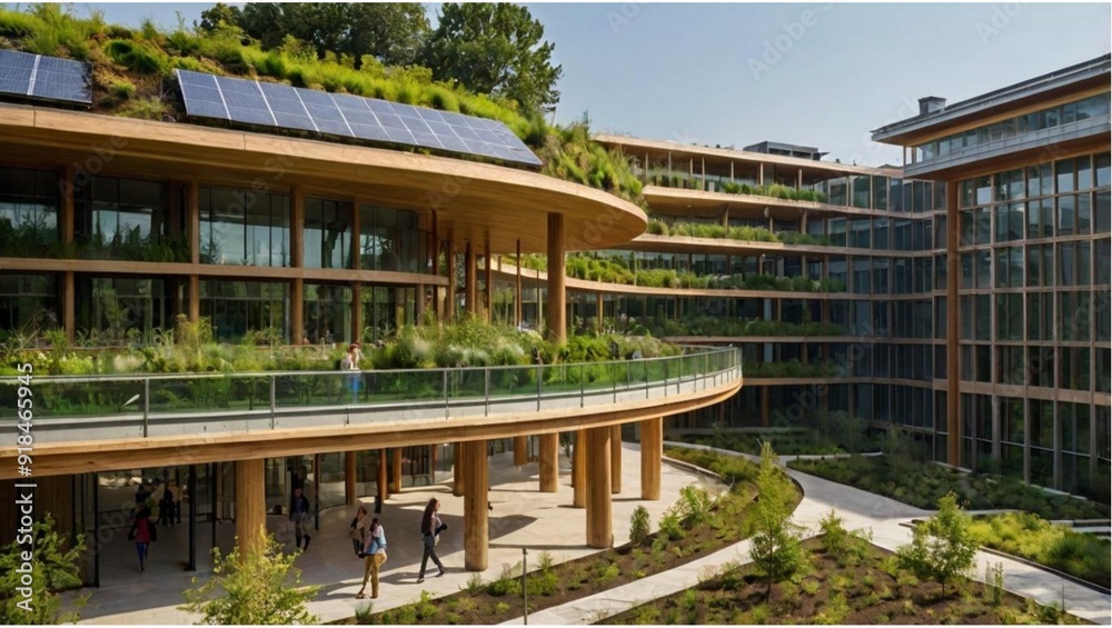 Eco-Friendly University: 
A green university campus with solar-paneled rooftops, vertical gardens, and students engaging in sustainable practices like community gardening and cycling.