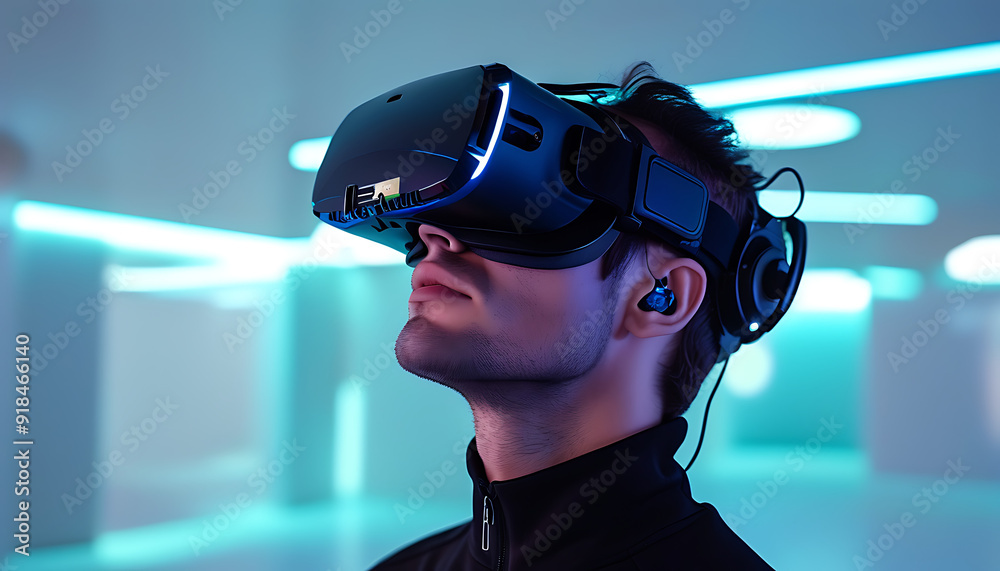 Man Wearing VR Headset Immersed in Virtual Reality Man Wearing VR Headset Immersed in Virtual Reality