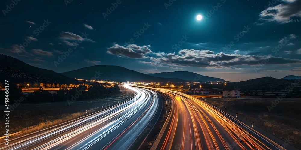 Long exposure of a deserted desert road, light trails curvy highway between mountains Long exposure of a deserted desert road, light trails curvy highway between mountains