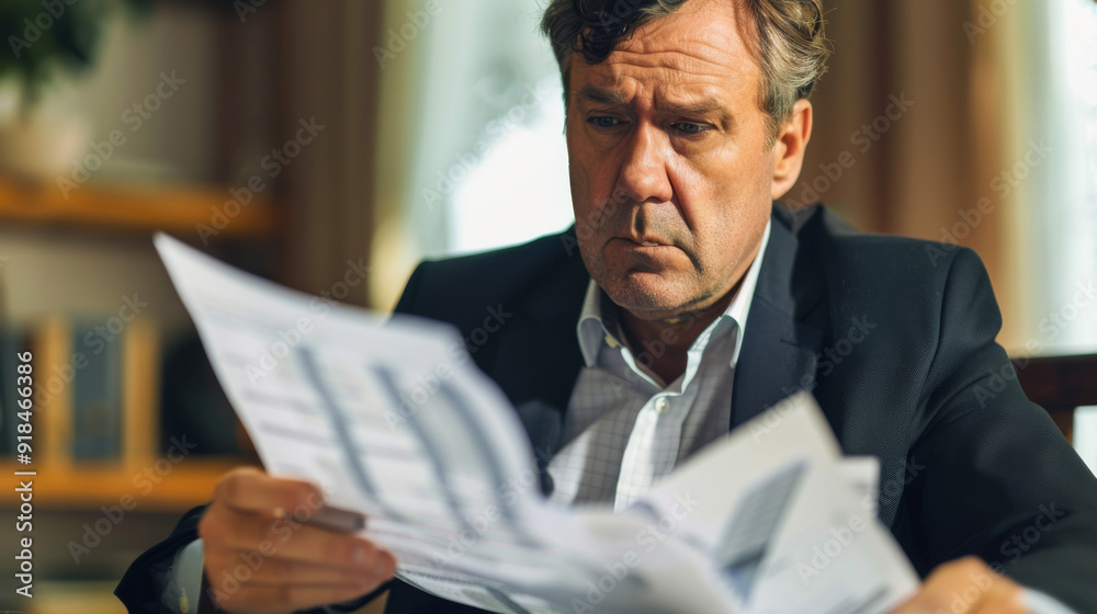 A businessman in a suit is reading document, debt and financial crisis concept A businessman in a suit is reading document, debt and financial crisis concept