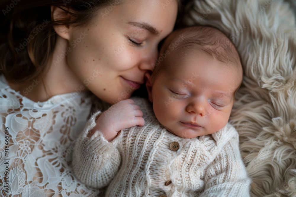 A mother is holding a sleeping baby, nurturing and motherhood concept A mother is holding a sleeping baby, nurturing and motherhood concept